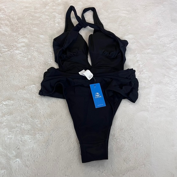 Cupshe Black Wrap Waist High Cut One Piece Swimsuit CASL1305BB Size Medium NWT - Picture 4 of 11